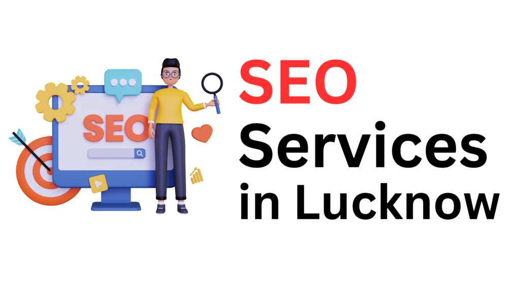 "Illustration showing digital marketing elements like graphs, search icons, and devices, representing SEO services in Lucknow by Massivexpress.